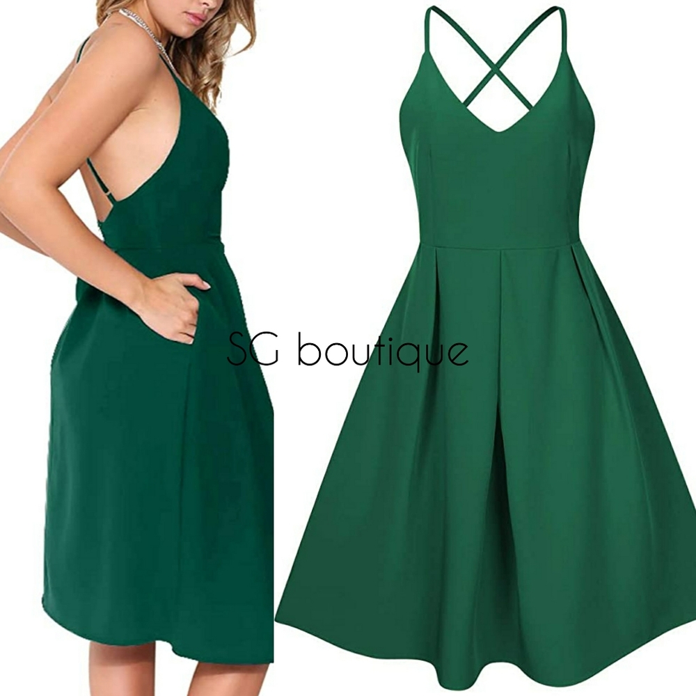 🆕⭐ Green spaghetti strap fit and flare dress